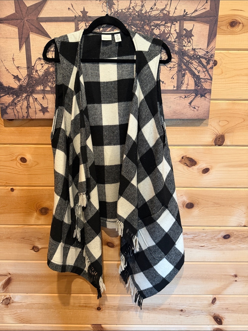 Westbound Black & White Buffalo Plaid Fringe Vest